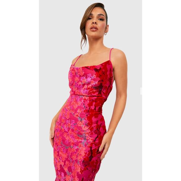 Boohoo Pink Devore Velvet Floral Cowl Neck Maxi Dress Size 4 Y2K Wedding EUC - Picture 2 of 16